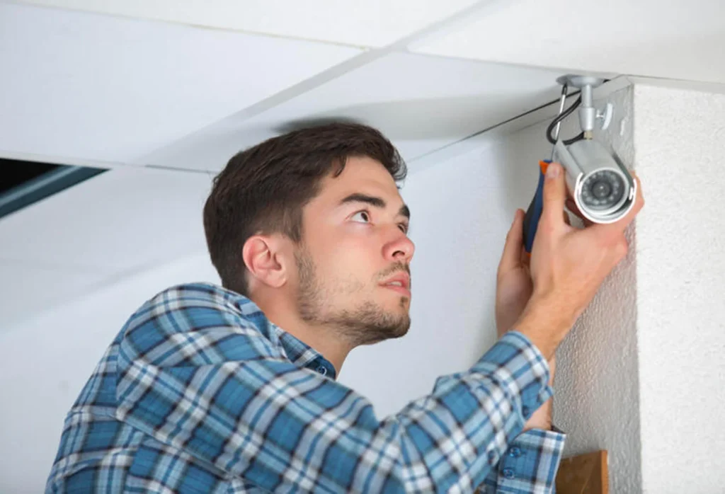 man installing security camera on ceiling
